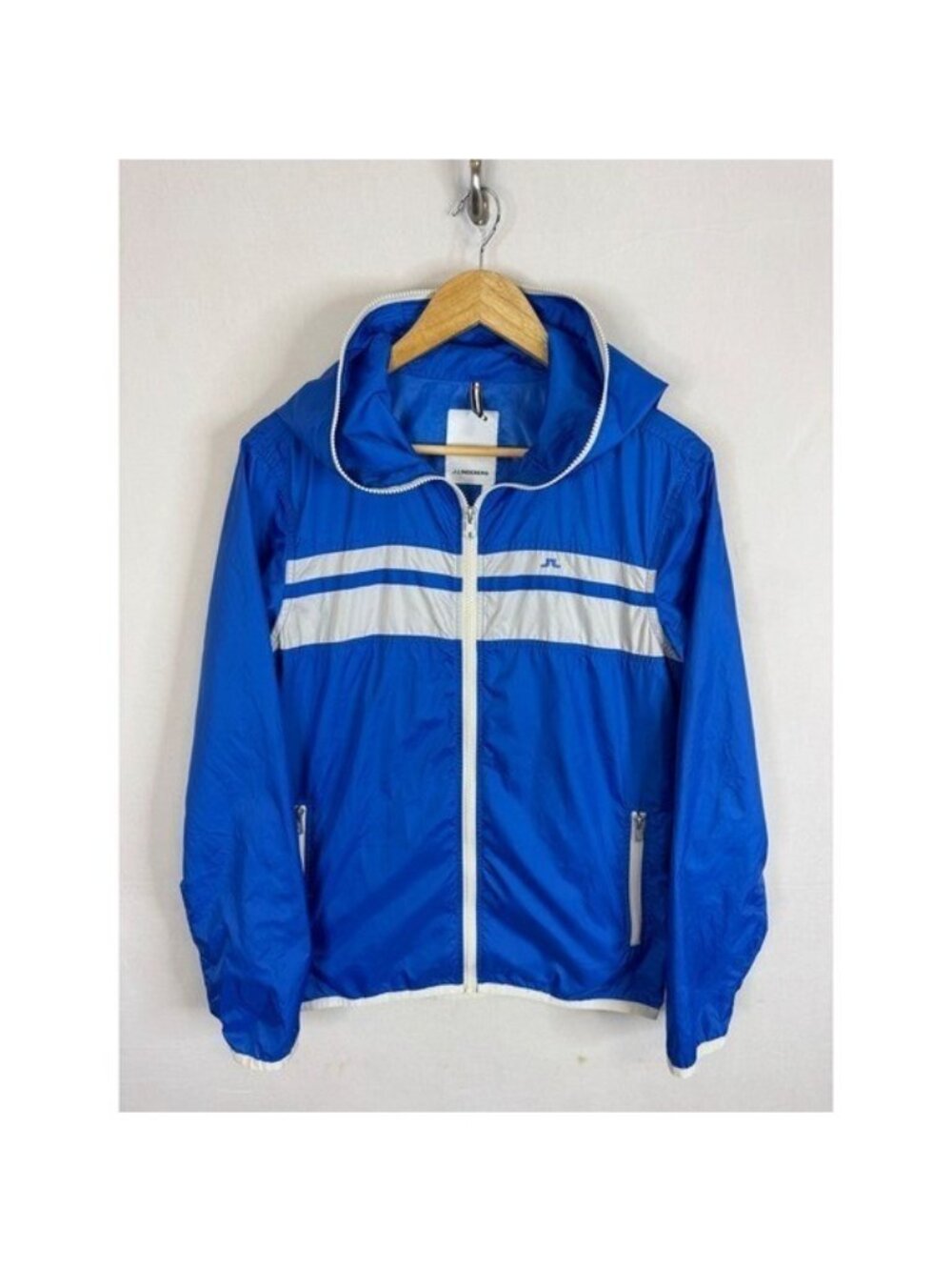 J.Lindeberg Lawson Pack Poly Windbreaker Jacket Blue White Stripe Hooded Mens S